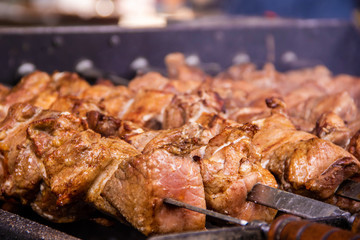 Close-up testy Grilled Shish kebab on skewers