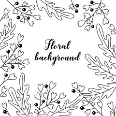Delicate black and white floral background with place for text. Vector template. Coloring page.