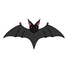 Happy halloween color vector icon with evil vampire bat. Trick or treat. Cute naive doodle, spooky element. Graveyard, monster, fall celebration. Witchcraft and magic. Vector illustration. Background.