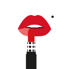 Woman with beauty mark applying red lipstick. Woman rouging her lips.