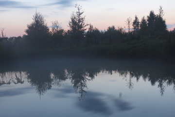 abstract background fog over a pond at sunset with the reflection of trees in water