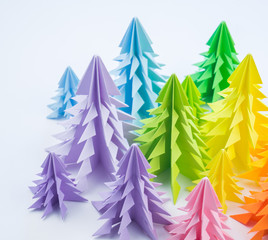 Fototapeta premium Multicolored paper Christmas tree white background