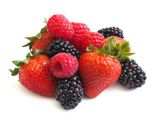 Fresh strawberry, raspberry and blackberry on wooden background, healthy food and diet.