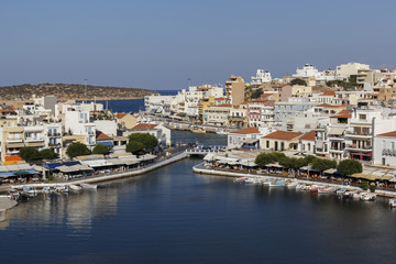 top view of the lake in the center of Agios Nikolaos on the island of Crete in Greece