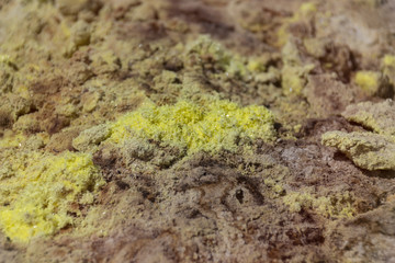 abstract background image texture of the breath of the volcano, white limestone rock with crystals of yellow sulphur