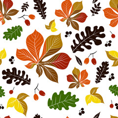 Seamless pattern, colored silhouettes of leaves and berries in the form of bright spots on a white background.