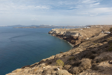Fototapeta na wymiar background image of rocky seashore on different Islands of Greece, Rhodes, KOs, Santorini, Halkidiki, Crete, Simi, Corfu