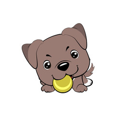 Vector cartoon style drawing of a playful puppy playing with a tennis ball.