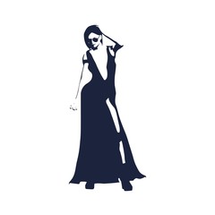 Sexy woman silhouette in evening dress. Young lady wearing sunglasses and rise her hand to head