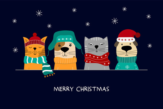  Merry Christmas illustration of cute cats and fun dogs.
