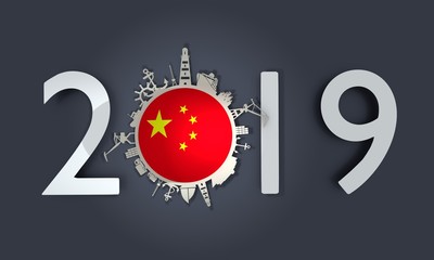 Circle with sea shipping and travel relative silhouettes. Objects located around the circle. Industrial design background. China flag in the center. 2019 year number. 3D rendering