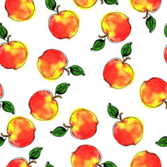 Seamless pattern with red fresh apples and green leaves on white background. Hand drawn watercolor and ink illustration.