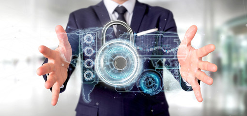 Man holding a padlock security technology interface 3d rendering