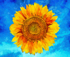 Single sunflower on vibrant blue background painting, Van Gogh style imitation