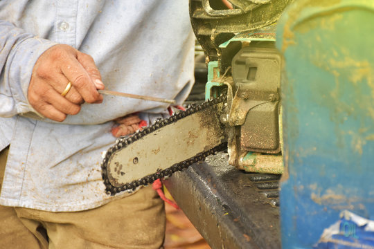 A carpenter is shapen a chainsaw on tailgate. There is oil tank in tailgate for reduse stiffness of chainsaw.