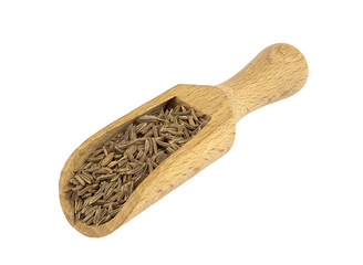 Cumin seed on wooden scoop isolated on white background
