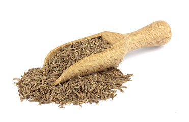 Cumin seed on wooden scoop isolated on white background