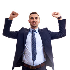 Half-length portrait of business man with crossed hands, isolated on white background.