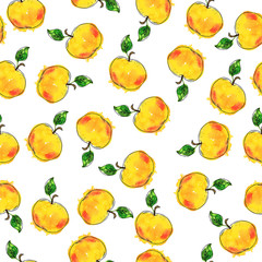 Seamless pattern with yellow fresh apples and green leaves on white background. Hand drawn watercolor and ink illustration.