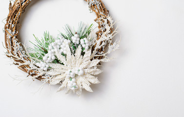 Christmas Wreath on White Background, Top View