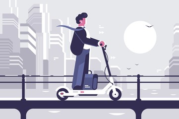 Young man riding electric scooter modern cityscape