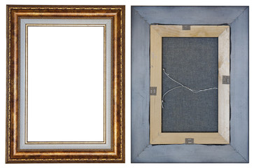 Two sides of a modern wooden frame for a small picture in retro style. Isolated