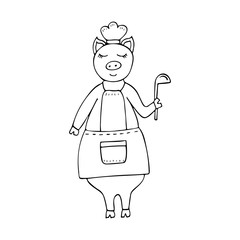 Vector monochrome hand-drawn funny pig chef wearing an apron and a ladle.