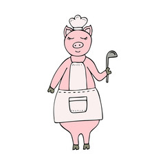 Vector hand-drawn funny pig chef wearing an apron and a ladle.