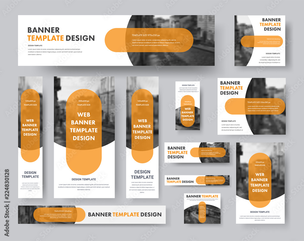 Poster set of horizontal, vertical and square web banners with semi-circular elements for a photo and a transparent orange plate.