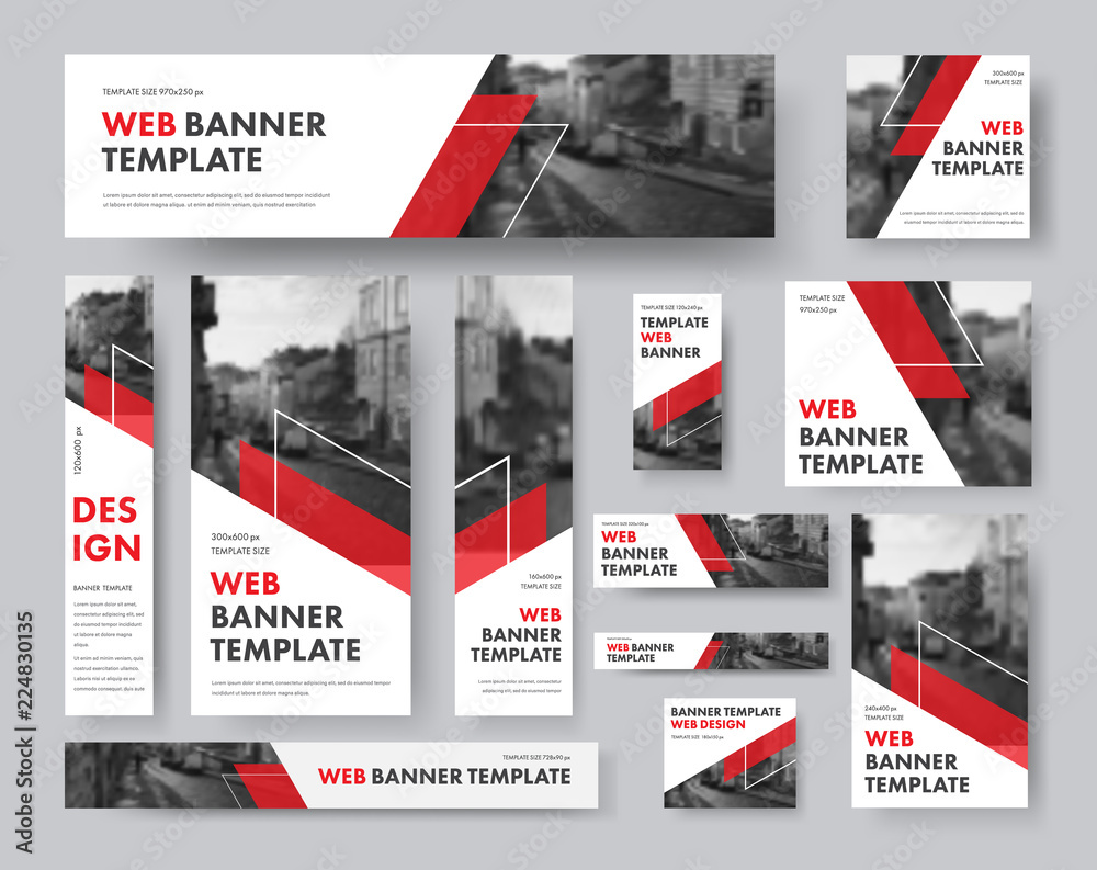 Poster set of web banners of different sizes with diagonal red elements and a place for photos.
