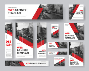 set of web banners of different sizes with diagonal red elements and a place for photos. - obrazy, fototapety, plakaty