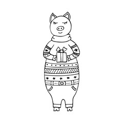 Vector monochrome hand-drawn illustration with a pig in a Christmas sweater with a gift in hand.