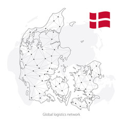 Global logistics network concept. Communications network map Denmark on the world background. Map Denmark with nodes in polygonal style and flag. Vector illustration EPS10. 
