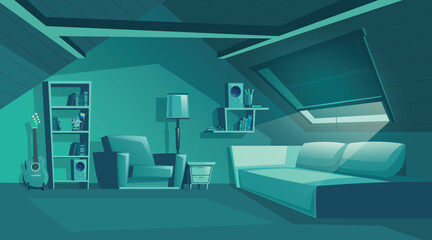 Vector attic interior at night, cartoon room with furniture, sofa with pillows. Cozy room in moonlight under roof with armchair, bookshelf and jalousie. Architecture background of garret, mansarda.