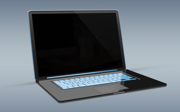 Isolated modern black laptop with shadow side view 3d rendering