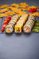 Fresh made Sushi set with salmon. Traditional Japanese food
