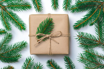 Christmas Gifts with Fir Branches on White Background