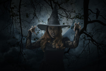 Scary halloween witch standing over dead tree, bird, full moon and spooky cloudy sky