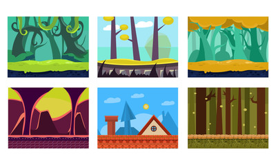 Flat vector set of 6 scenes for mobile game. Cartoon backgrounds with green jungles, house roof, fantastic forest and dungeon
