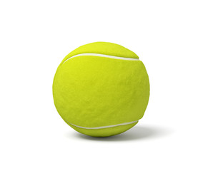 3d rendering of a single acid green tennis ball standing on a white background with a shadow.
