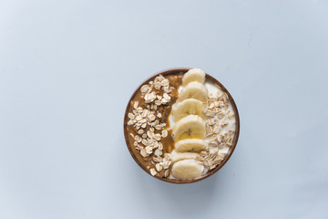 Smoothie bowl yogurt with peanut butter and banana and oats
