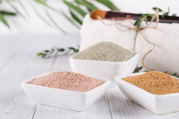 Ceramic bowls with different clay powder and fresh eucalyptus leaves on white background. Concept of face and body care.