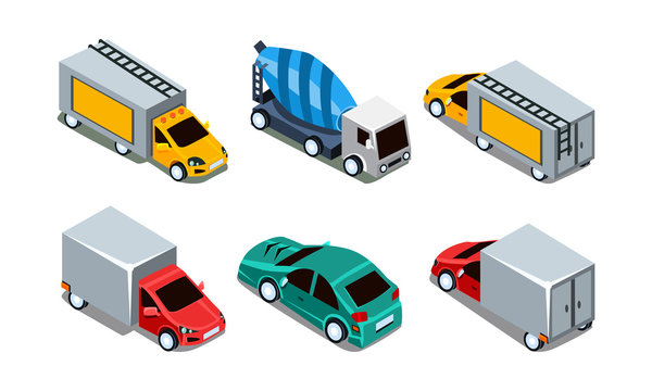 Vector set of different isometric automobiles. Passenger car, cargo trucks and concrete mixer machine. Transport theme