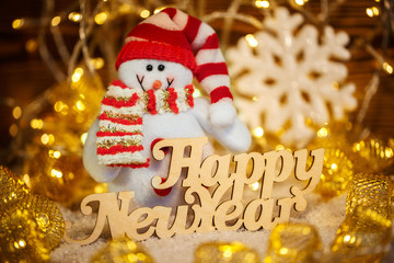 Happy New Year words. Christmas card. Winter background.