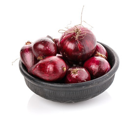Plate with red onion. Isolated on a white background