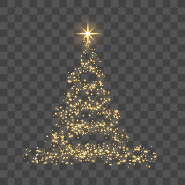 Christmas tree on transparent background. Gold Christmas tree as symbol of Happy New Year, Merry Christmas holiday celebration. Golden light decoration. Bright shiny design. Vector illustration