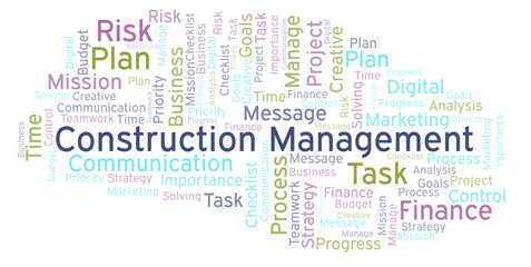 Construction Management word cloud, made with text only.