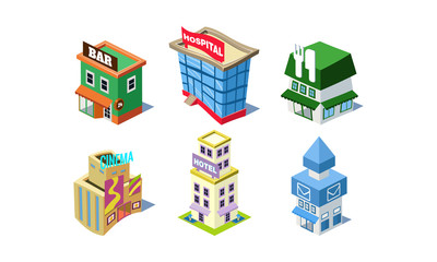 Vector set of public city buildings. Bar and cafe, hotel, post office, hospital and cinema