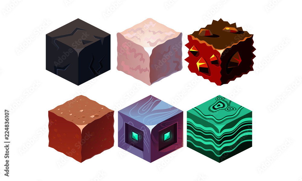 Poster vector set of isometric blocks with different texture. cubes in 3d style. gaming assets. elements fo