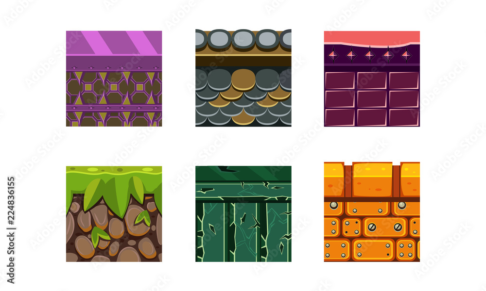 Poster flat vector set of 6 texture types and materials for platform game. dry soil with grass, bricks and 